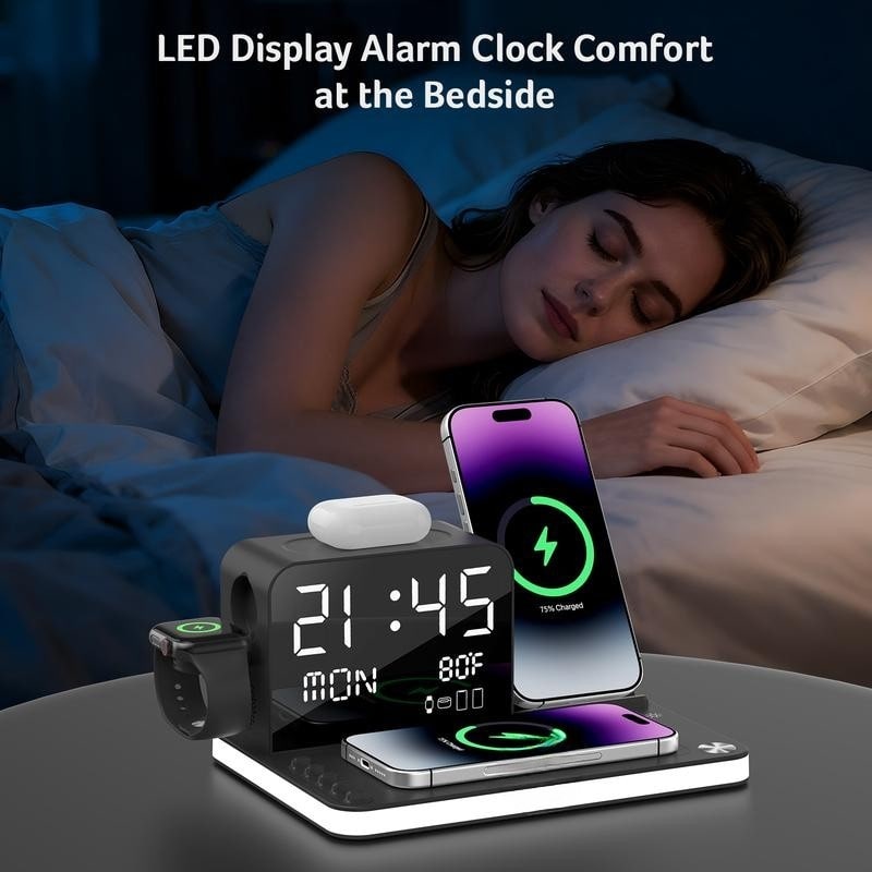 7 in 1 Wireless Charging Station with LED Night Light (Black)