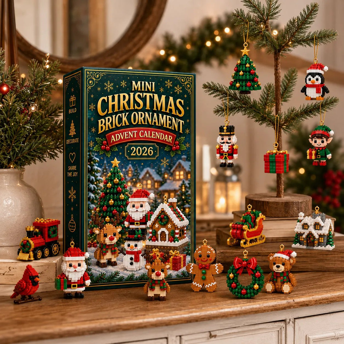 Holiday display of mini brick builds