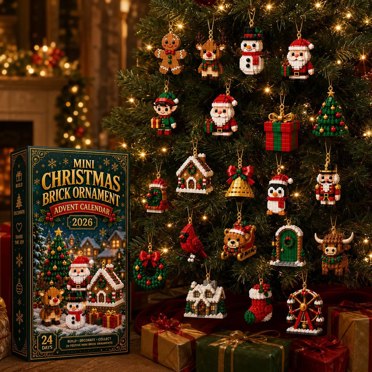 Mini brick ornaments on the Christmas tree